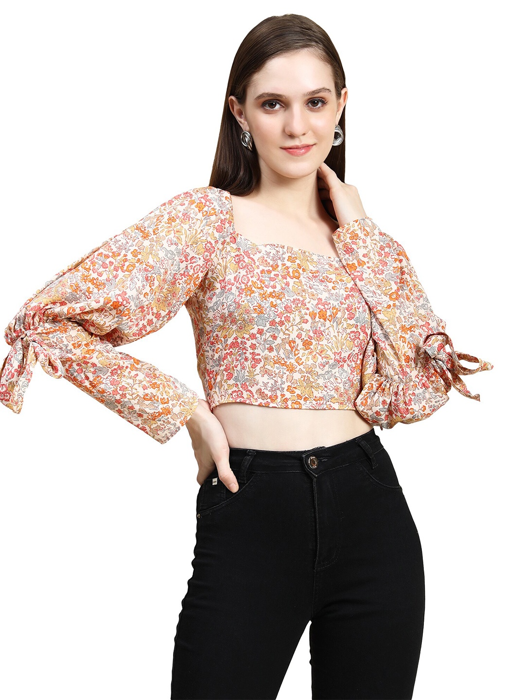 

Rujave Floral Print Accordion Pleats Square Neck Long Puff Sleeves Cape Crop Top, Orange