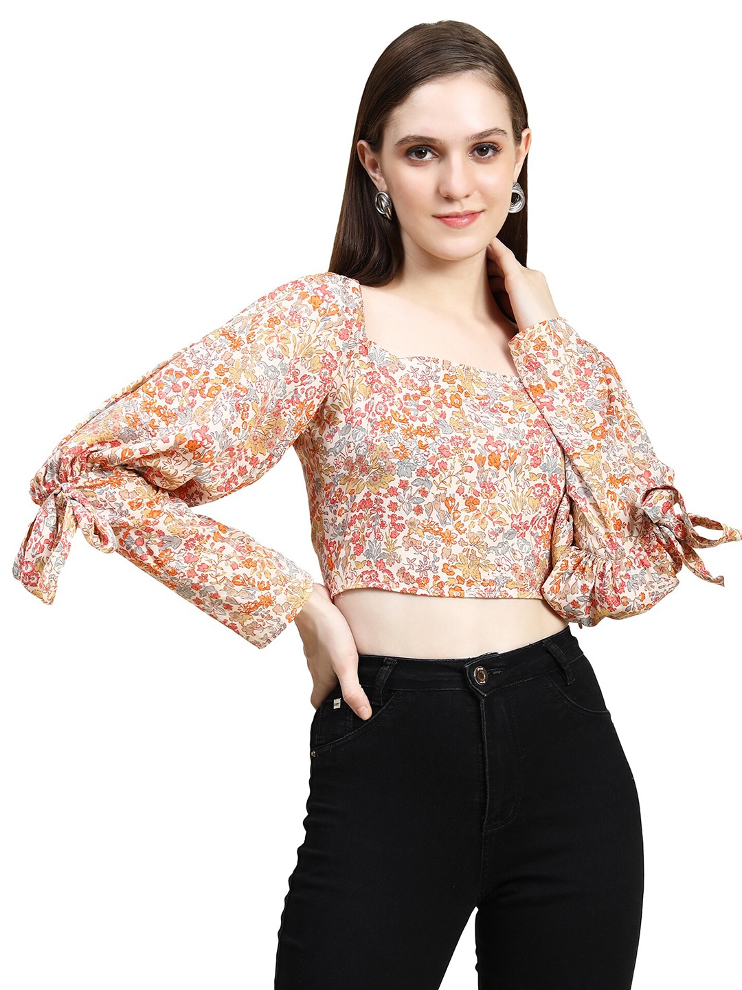 

Rujave Floral Printed Square Neck Puff sleeveless Crop Top, Multi