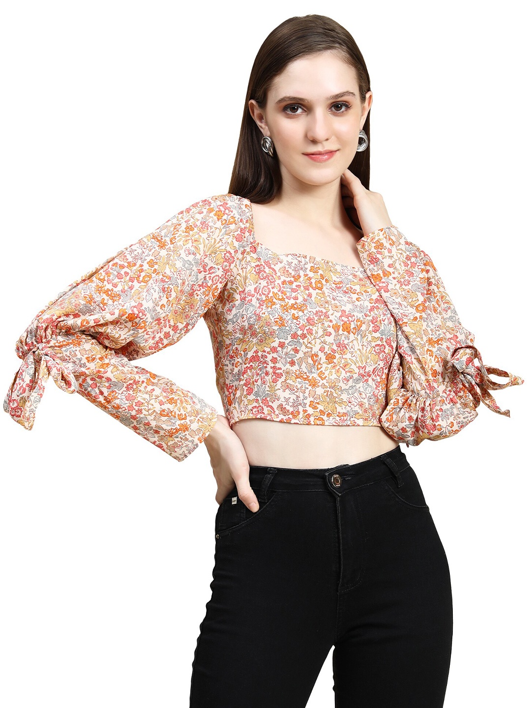 

Rujave Floral Printed Square Neck Puff sleeveless Crop Top, Beige