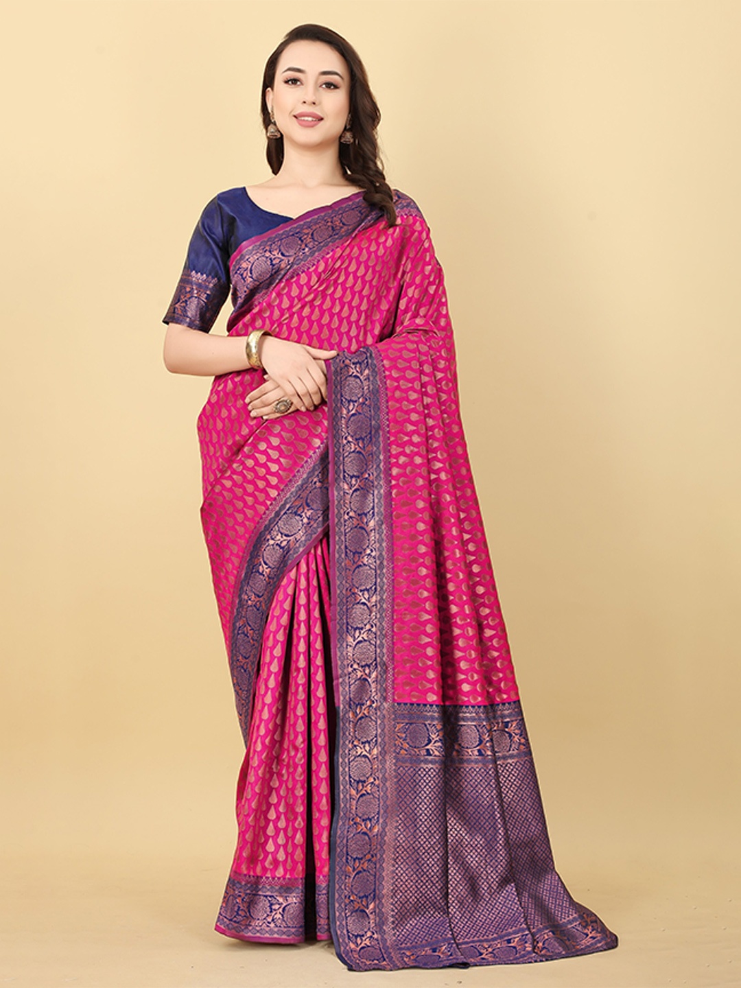 

DIVASTRI Ethnic Motifs Woven Design Zari Pure Silk Kanjeevaram Saree, Pink