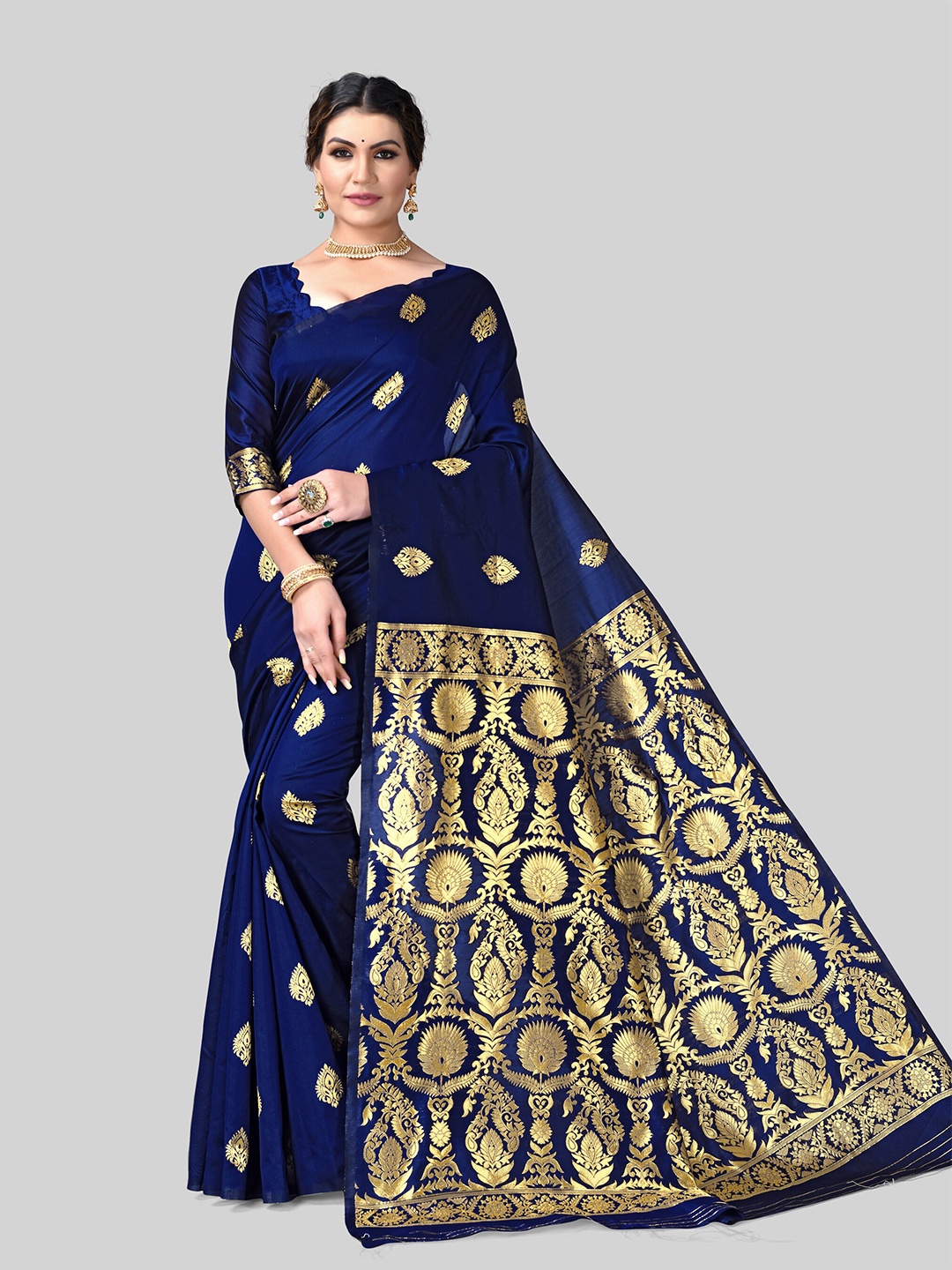 

DIVASTRI Ethnic Motifs Zari Woven Design Pure Silk Kanjeevaram Saree, Blue