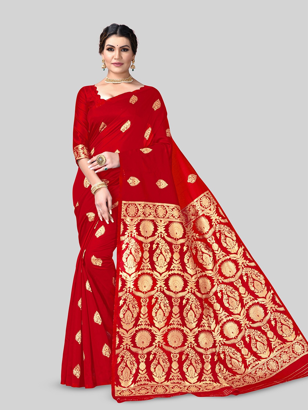 

DIVASTRI Ethnic Motifs Zari Woven Design Pure Silk Kanjeevaram Saree, Red