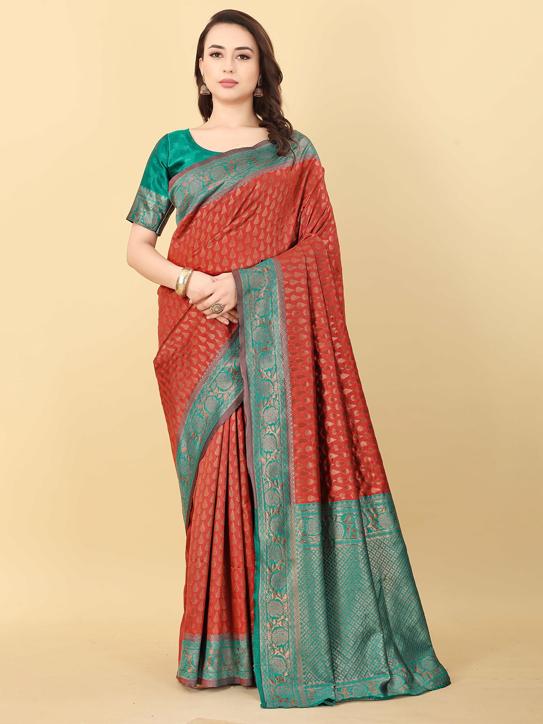 

DIVASTRI Ethnic Motifs Zari Woven Design Pure Silk Kanjeevaram Saree, Red