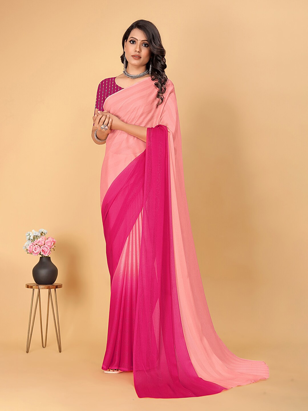 

Pionex Pink Striped Poly Chiffon Handloom Bhagalpuri Saree