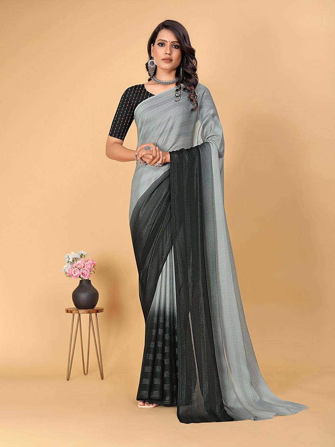 

Pionex Grey Striped Poly Chiffon Handloom Bhagalpuri Saree