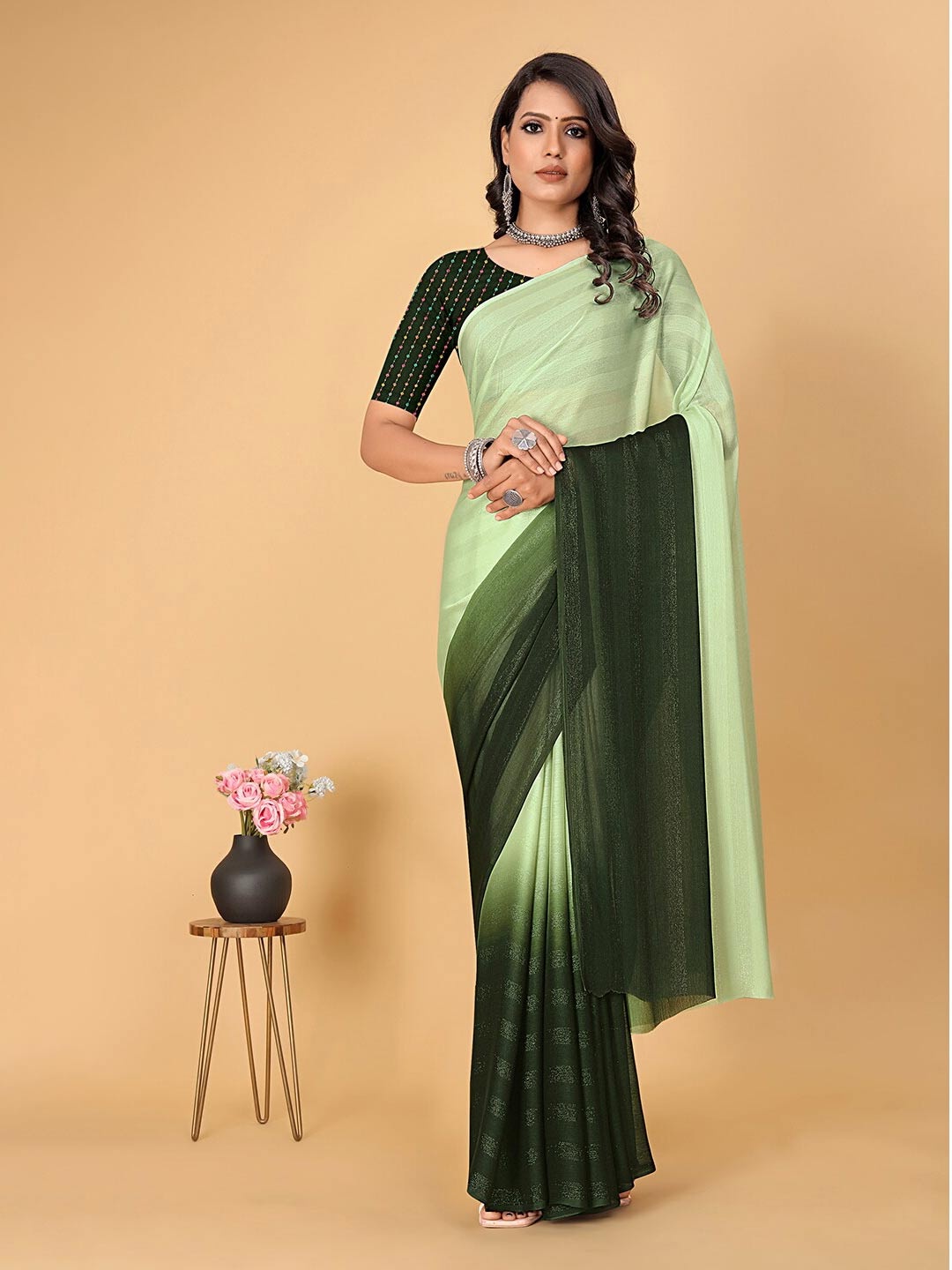 

Pionex Striped Poly Chiffon Handloom Bhagalpuri Saree, Green
