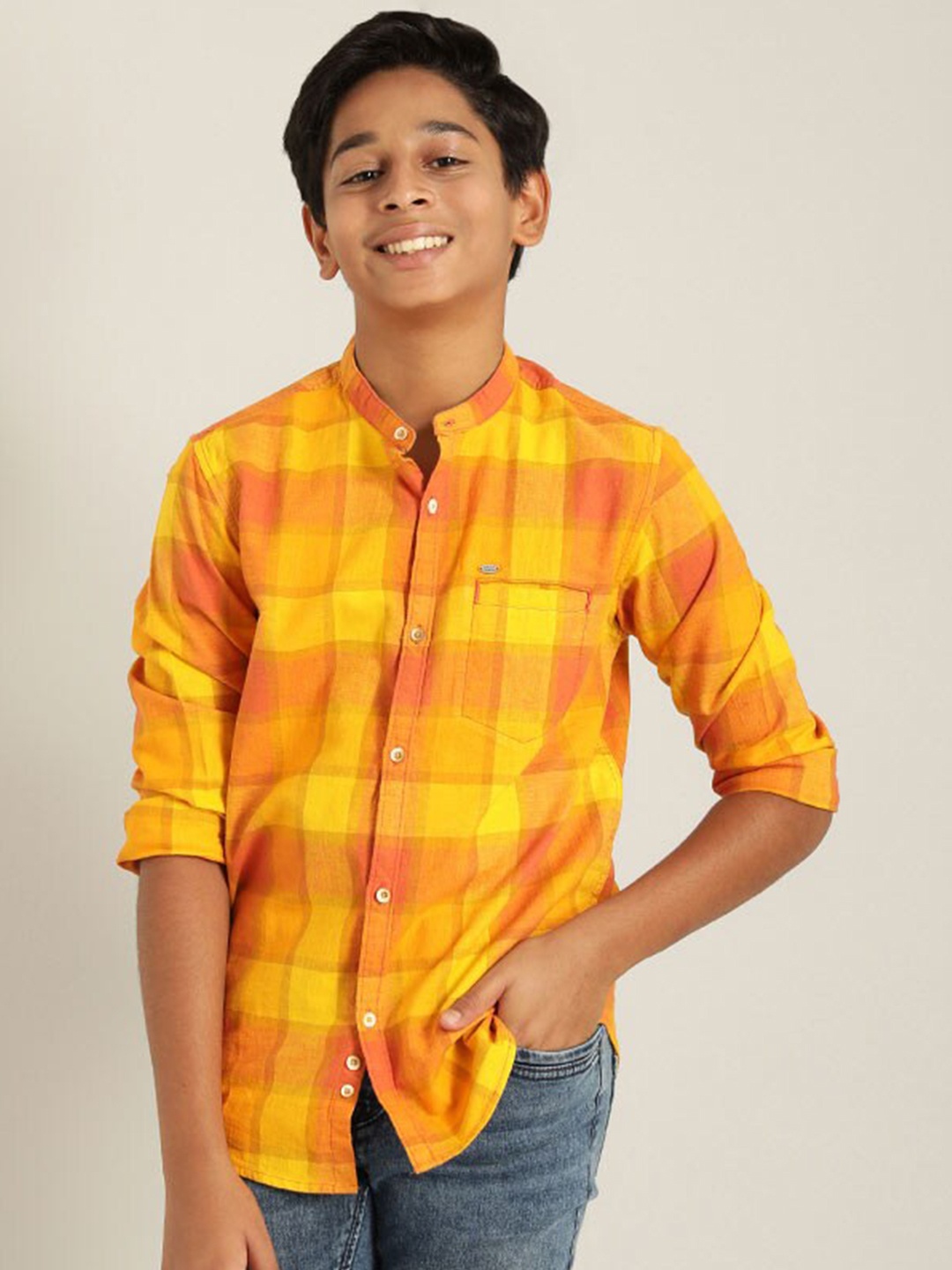 

Indian Terrain Boys Checked Mandarin Collar Cotton Casual Shirt, Yellow