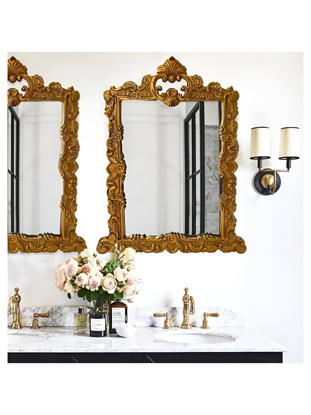 

CasaGold Beige & Grey Rectangle Iris Vintage Carved Framed Antique Bathroom Wall Mirror