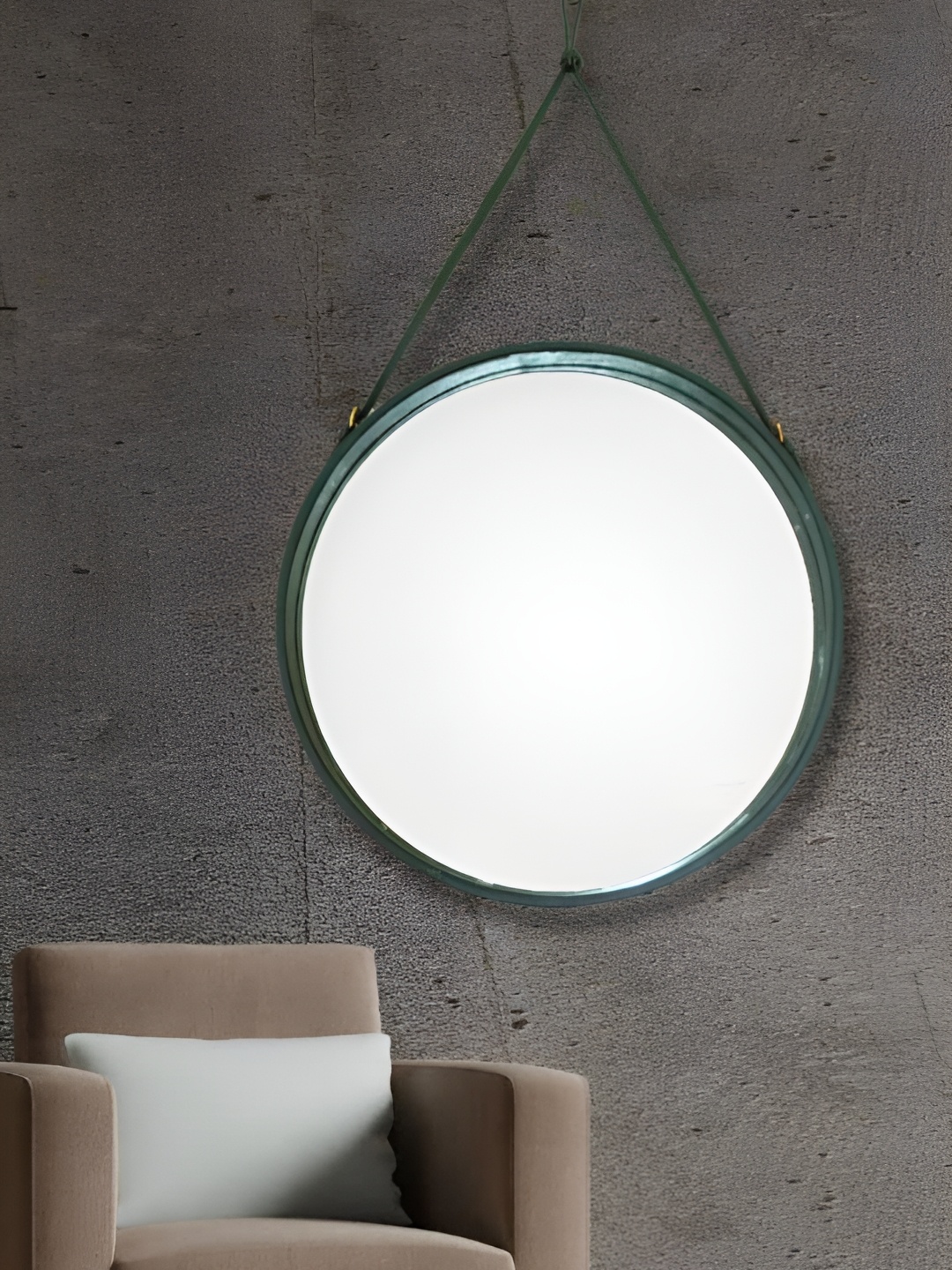 

CasaGold Green Leather Round Wall Mirror with Belt