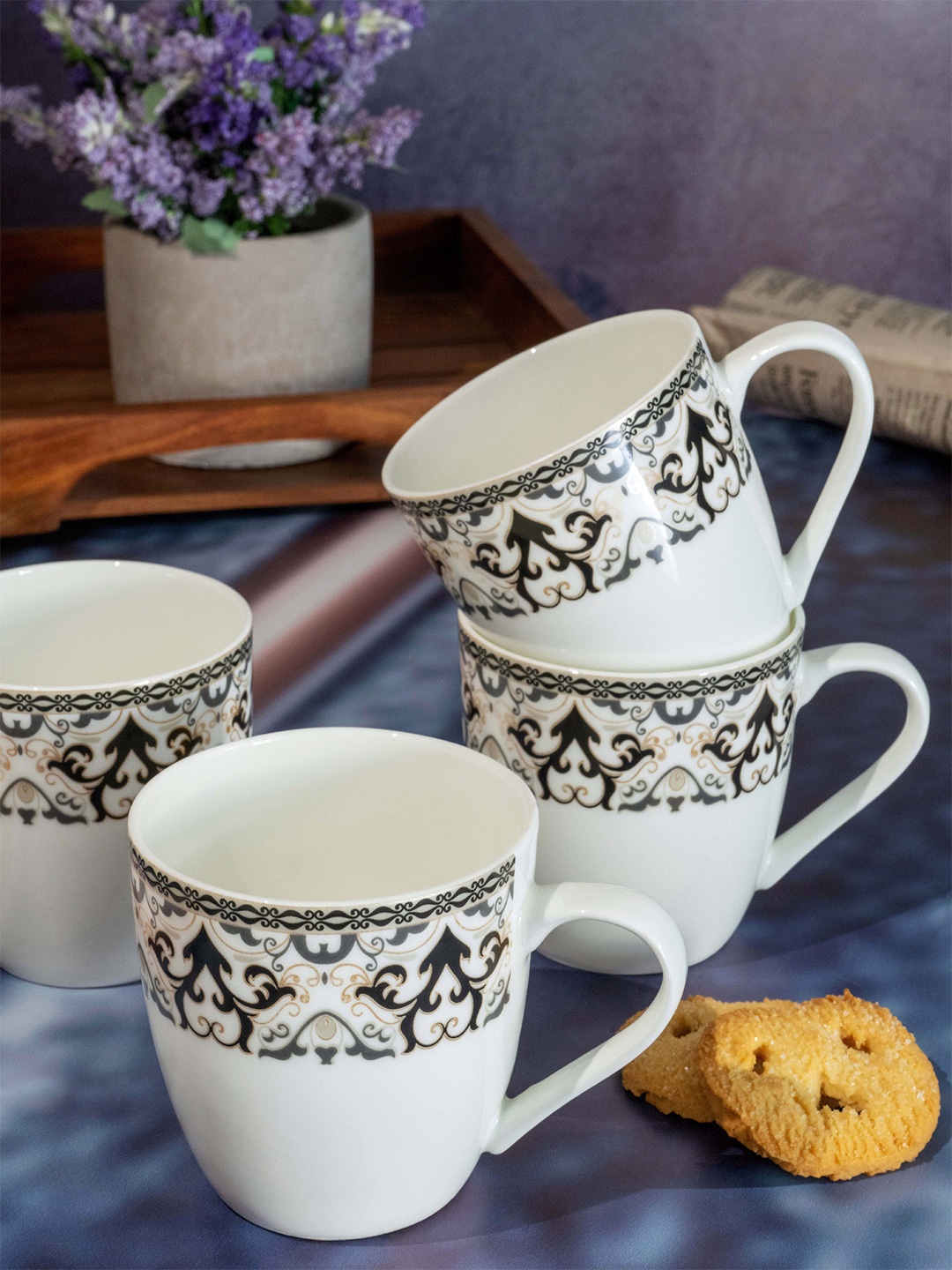 

SONAKI White & Green 6 Pieces Floral Printed Bone China Glossy Mugs