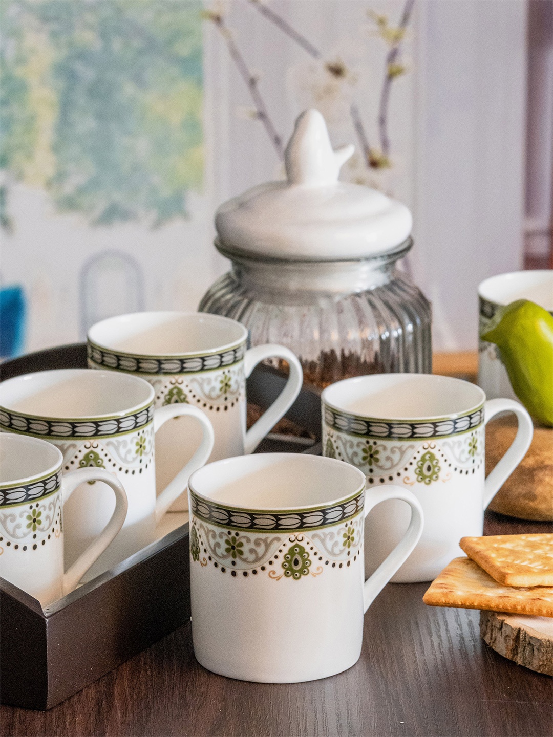 

SONAKI White & Green 6 Pieces Floral Printed Bone China Glossy Mugs