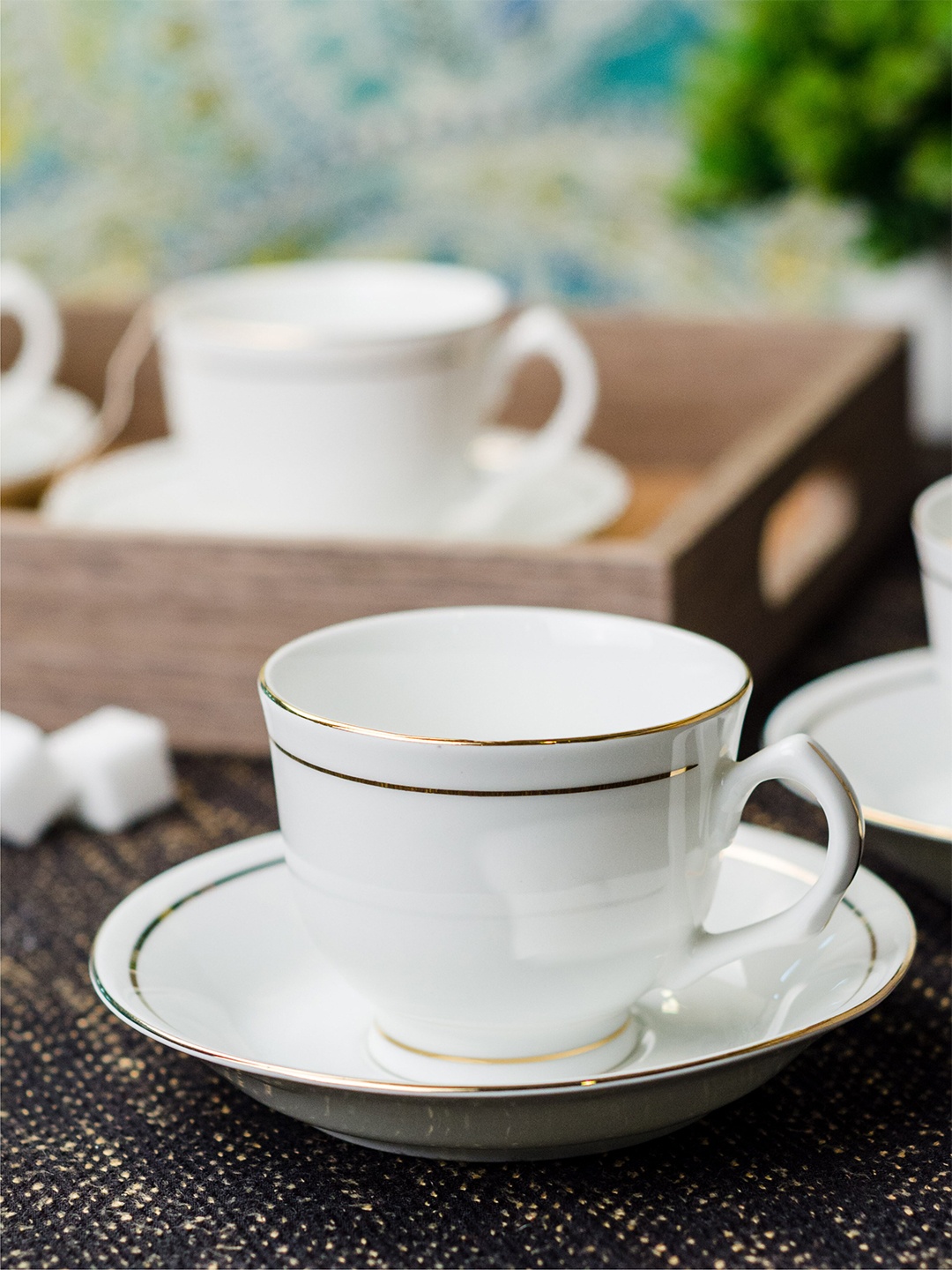 

SONAKI White & Gold-Toned 12 Pieces Floral Printed Bone China Glossy Cups and Saucers