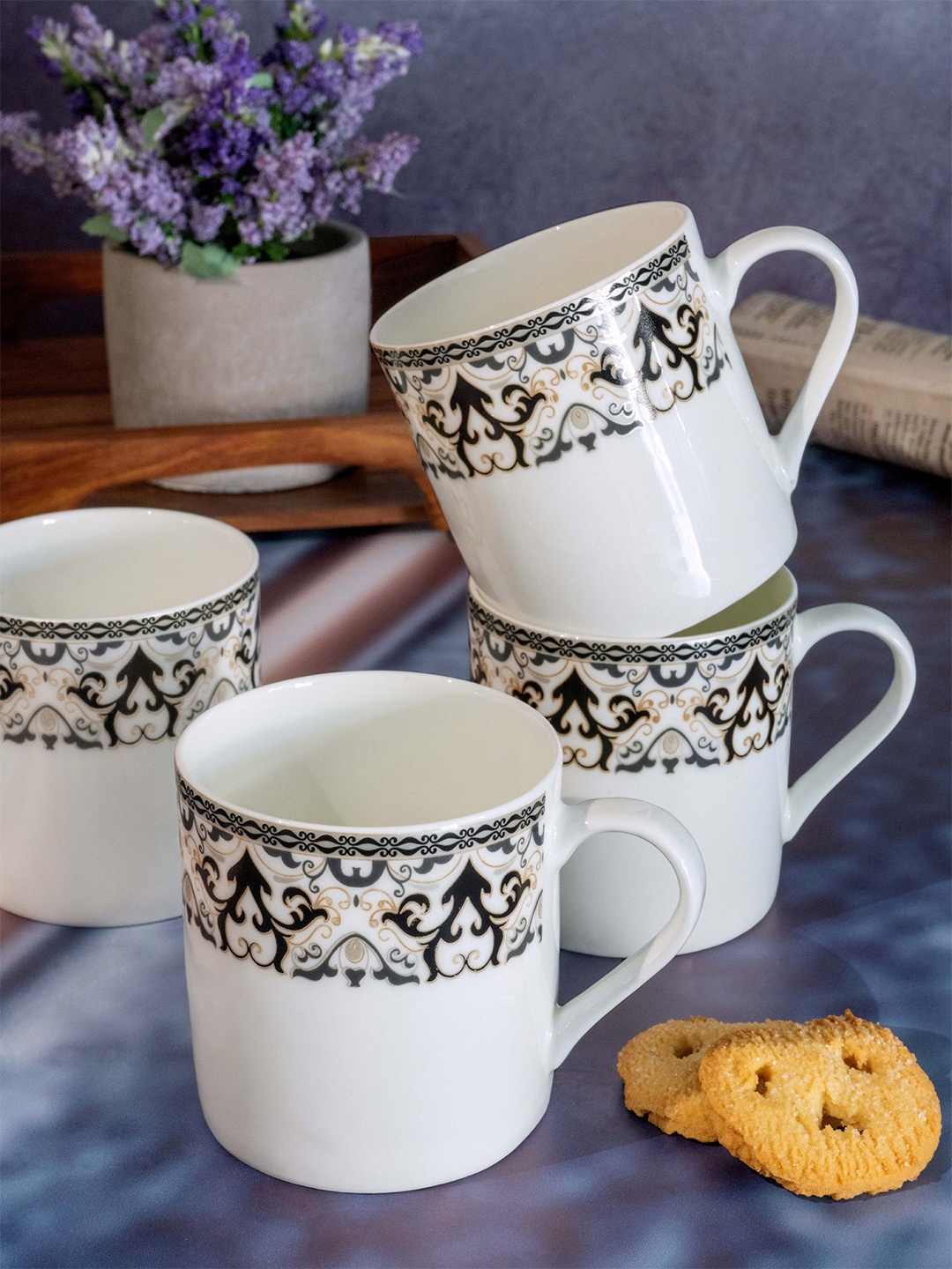 

SONAKI White & Green 6 Pieces Floral Printed Bone China Glossy Mugs