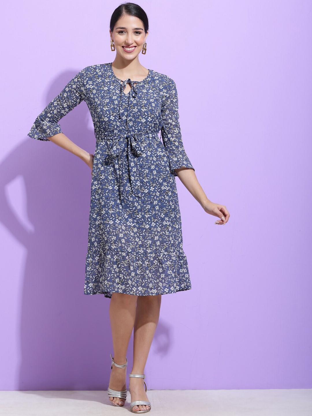 

SQew Floral Printed Tie-Up Neck Georgette A-Line Dress, Blue