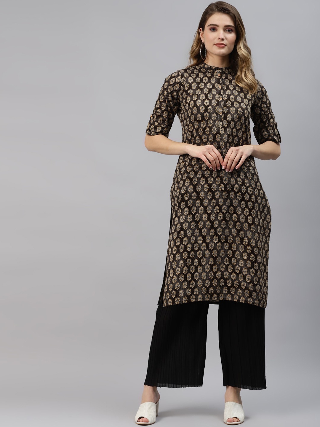 

KALINI Ethnic Motifs Cotton Kurta, Black