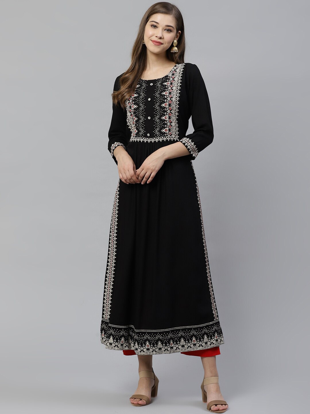 KALINI Ethnic Motifs Mirror Work A Line Kurta, Black