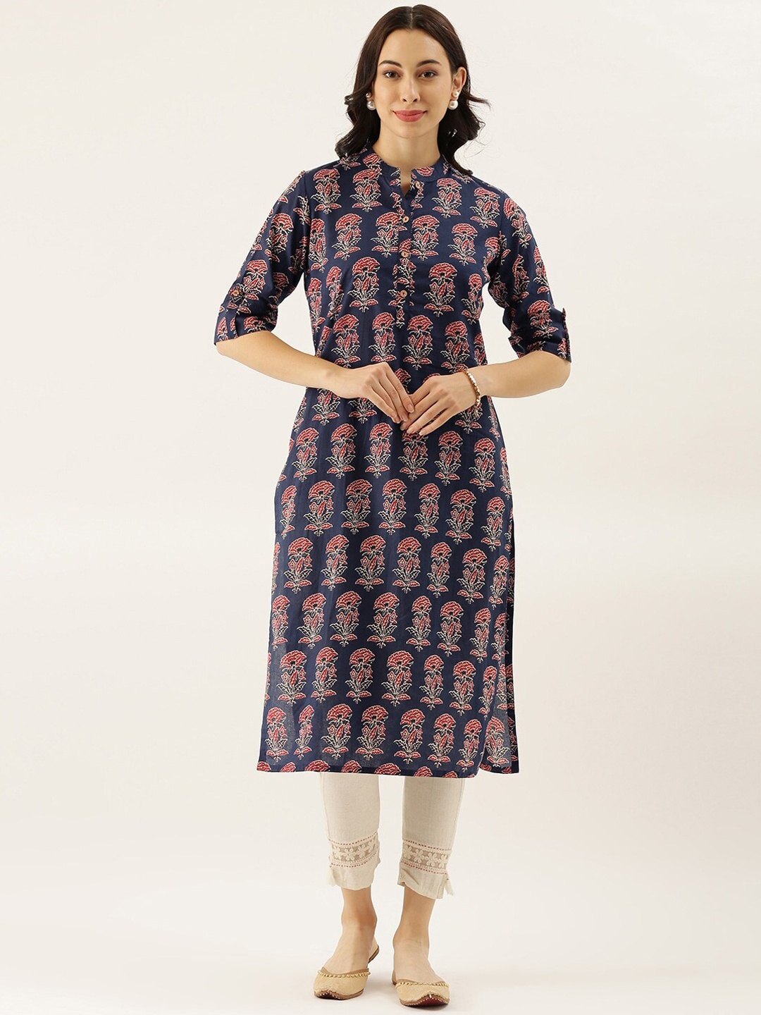 

KALINI Ethnic Motifs Cotton Kurta, Navy blue