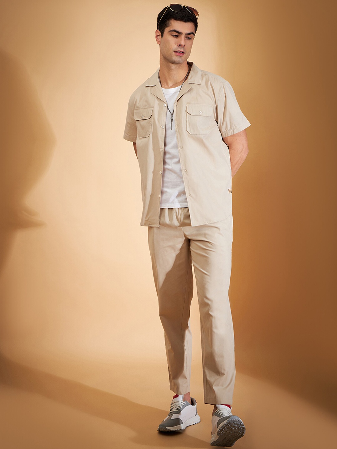 

DENNISON Shirt Collar Pure Cotton Oversize-Fit Shirt & Trouser Co-Ords, Beige