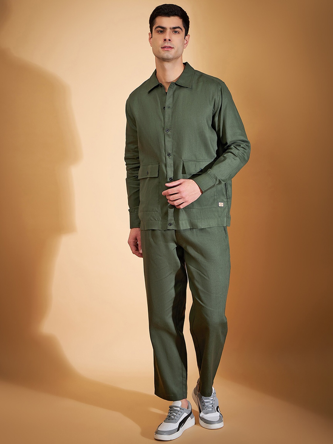 DENNISON Shirt Collar Pure Cotton Shirt With Trousers Co-Ords, Olive