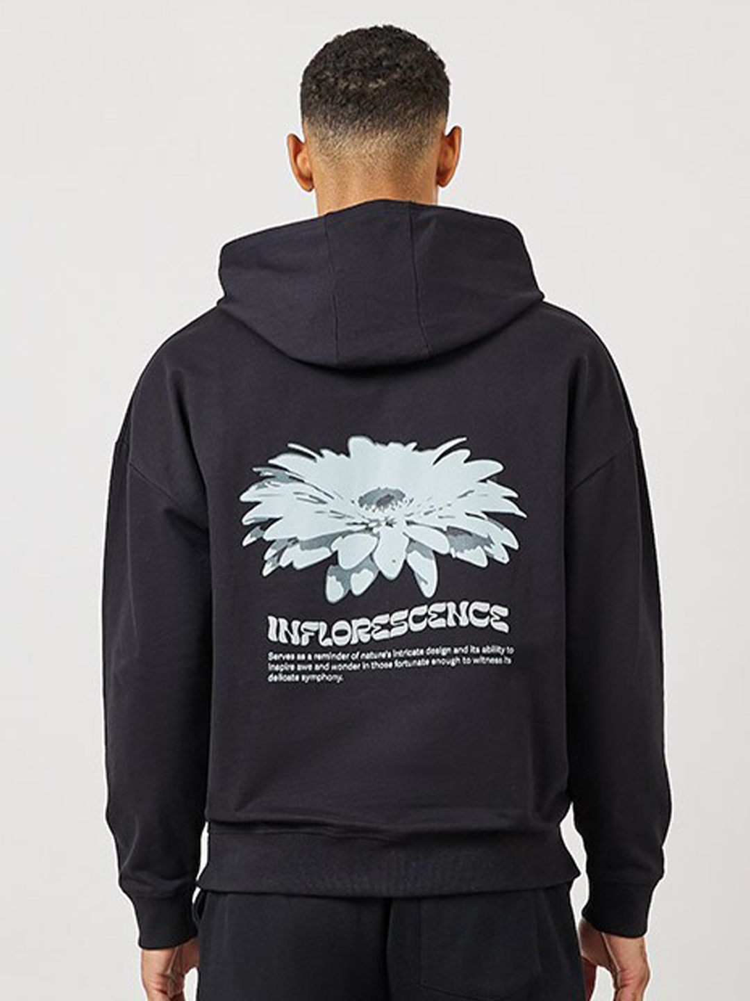 

Styli Graphic Printed Hooded Fleece Oversized Pullover, Black