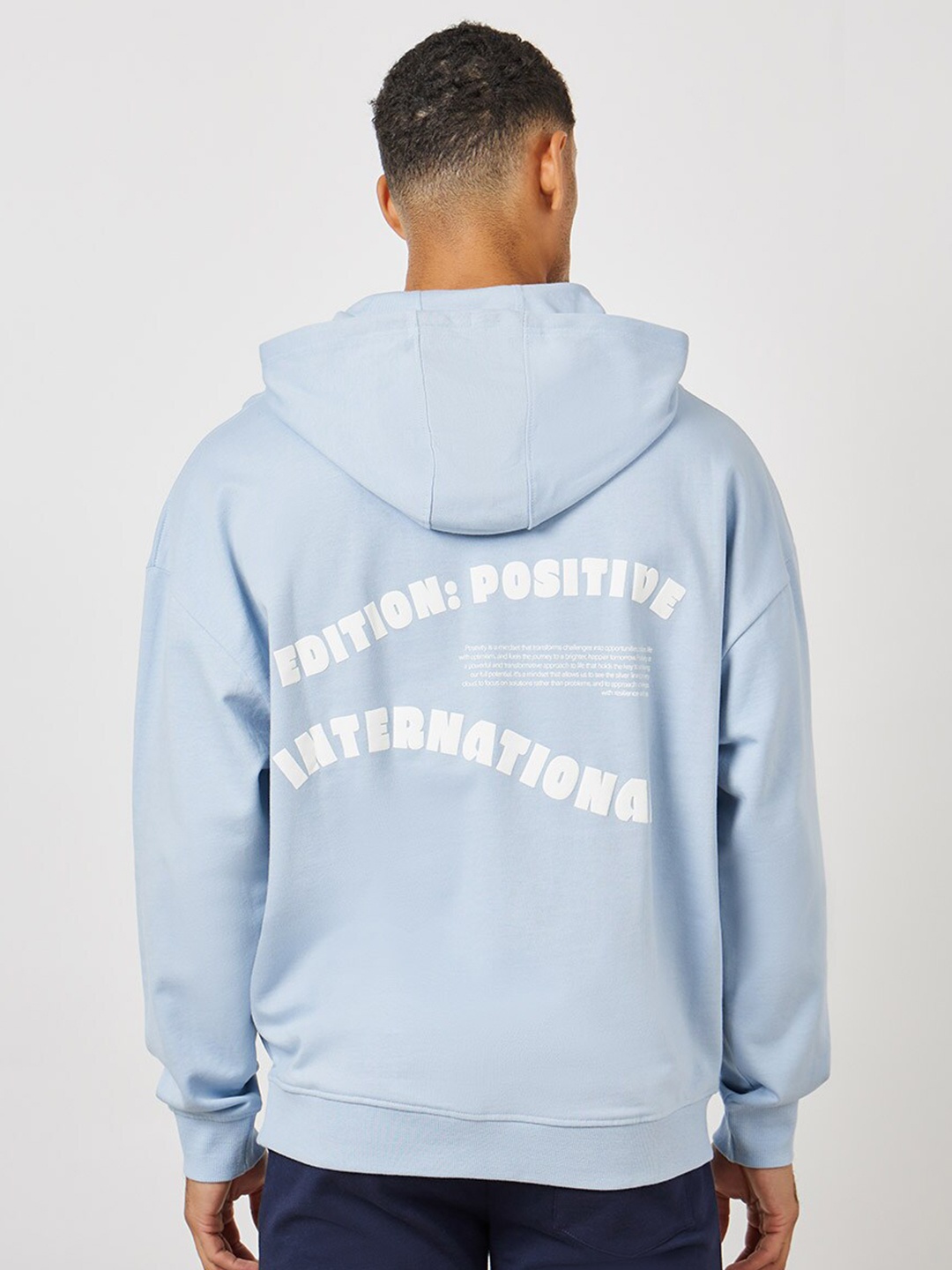 

Styli Typography Printed Hooded Fleece Oversized Pullover, Blue