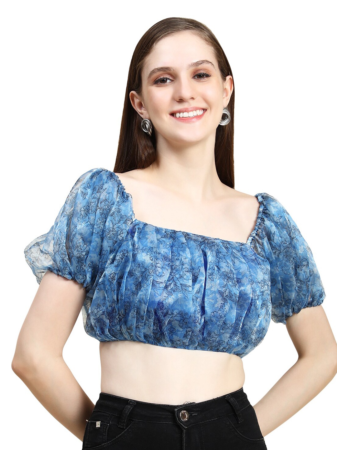 

Rujave Floral Print Accordion Pleats Square Neck Puff Sleeves Blouson Crop Top, Blue