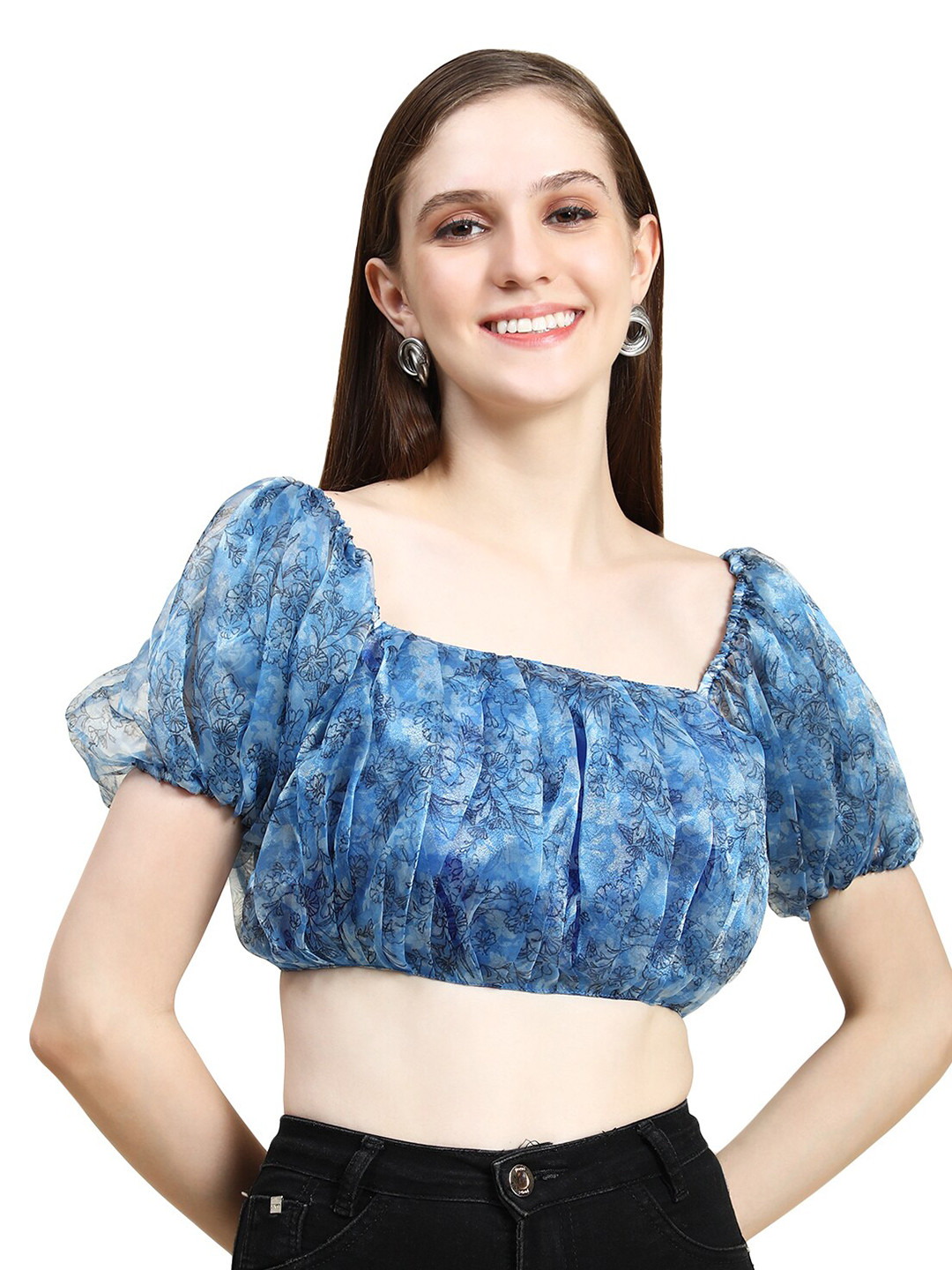 

Rujave Floral Print Accordion Pleats Square Neck Puff Sleeves Blouson Crop Top, Blue