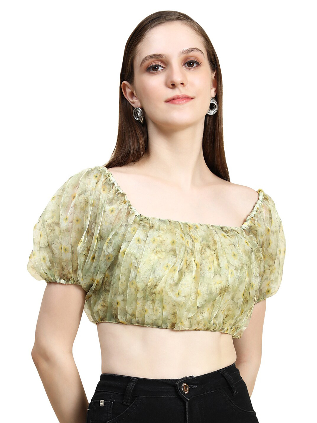 

Rujave Floral Print Accordion Pleats Square Neck Puff Sleeves Blouson Crop Top, Green