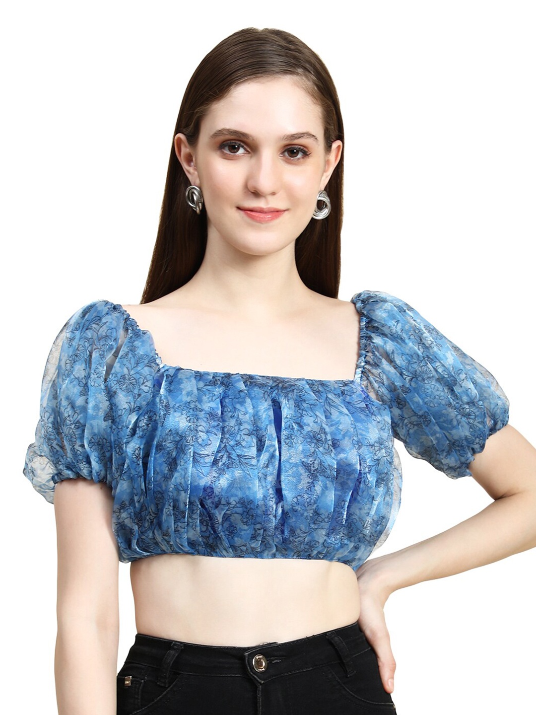 

Rujave Floral Print Accordion Pleats Square Neck Puff Sleeves Blouson Crop Top, Blue