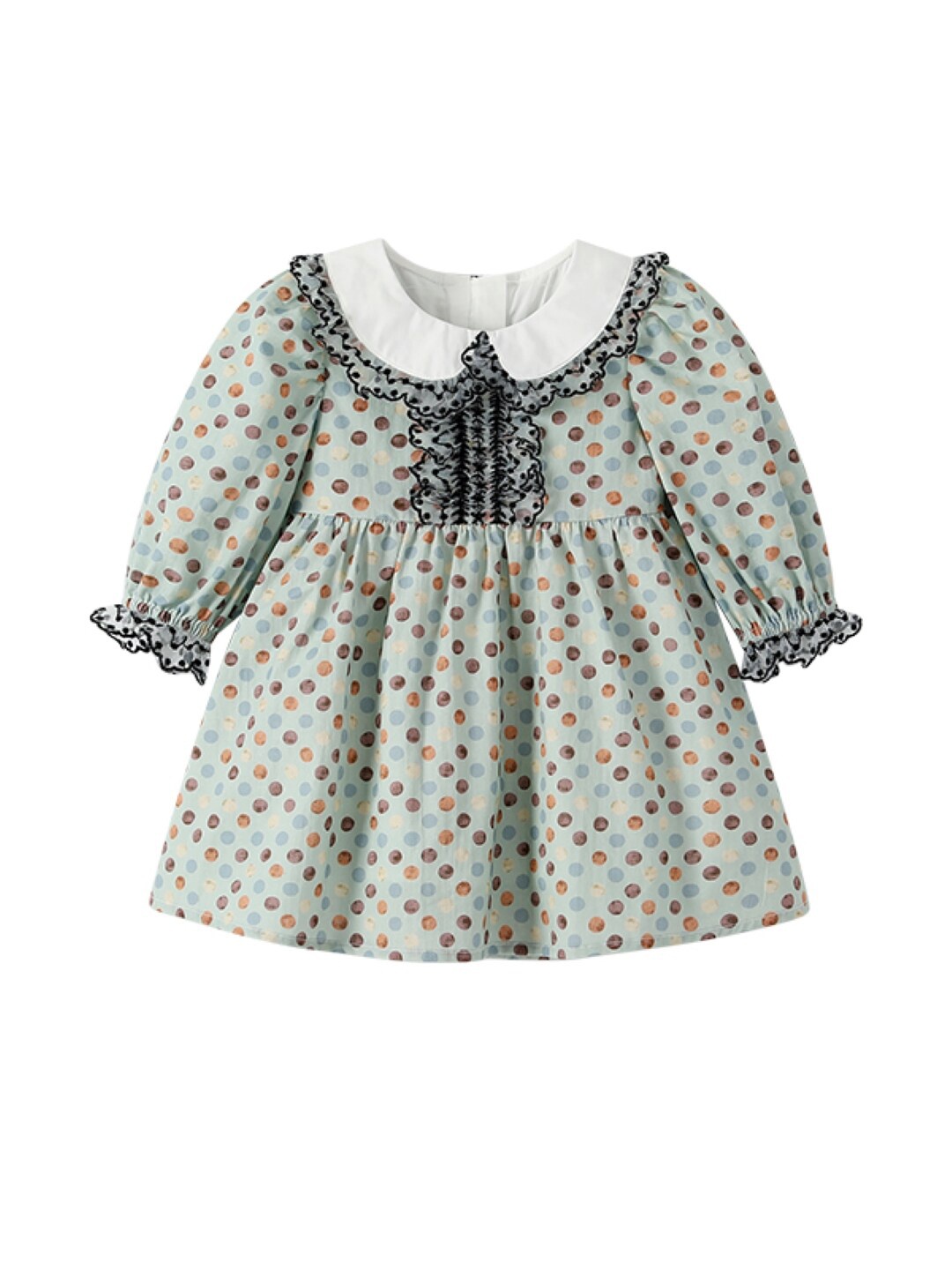 

StyleCast Girls Polka Dot Print Peter Pan Collar Long Sleeves Knee Length A Line Dress, Green