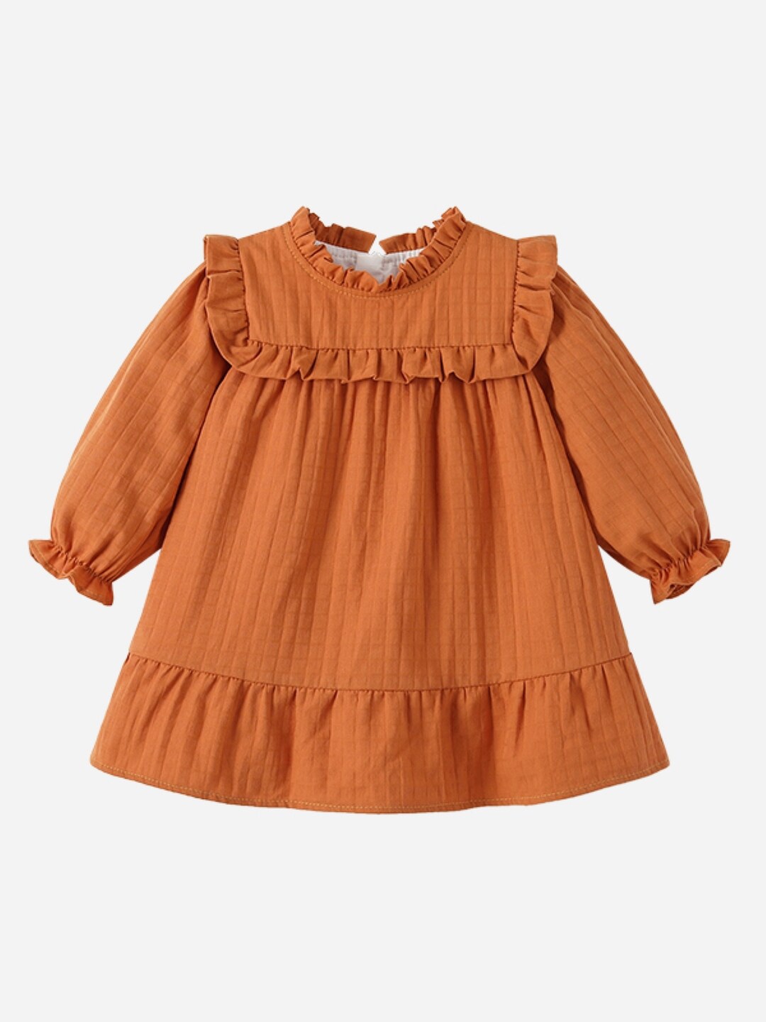 

StyleCast Round Neck Gathered Surfacing Long Puff Sleeves Knee Length Cotton A Line Dress, Orange