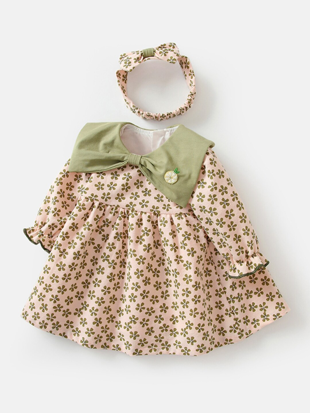 

StyleCast Round Neck Floral Printed Long Puff Sleeves Knee Length Cotton A Line Dress, Green