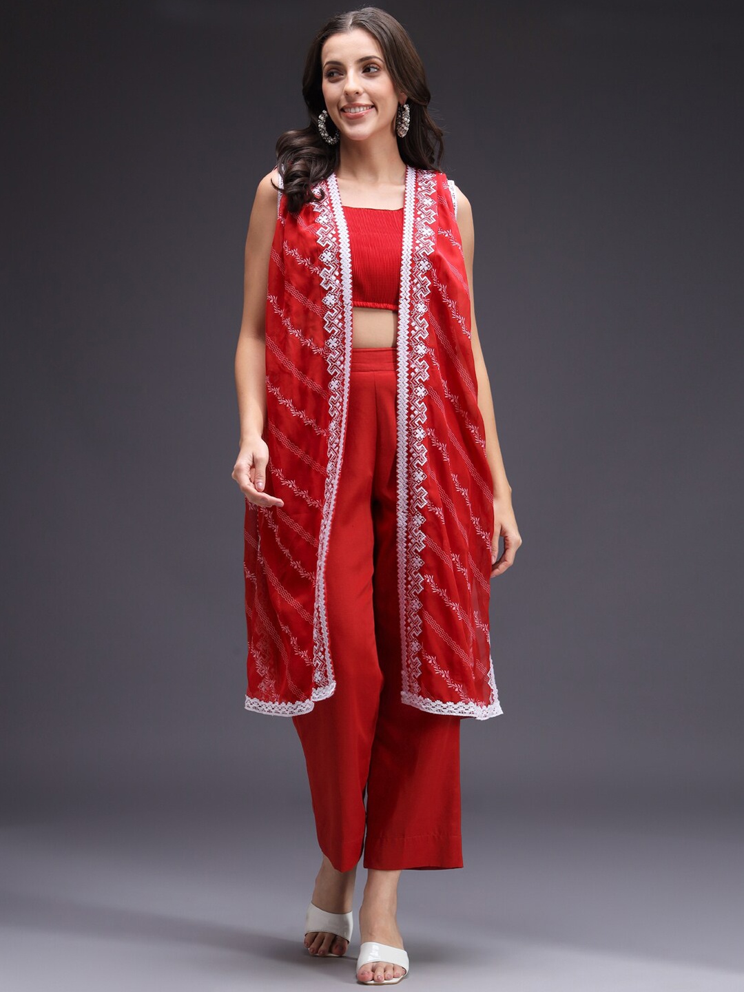

HEEPOSH Embroidered Pleated Thread Work Crop Top with Palazzos & Jacket, Red