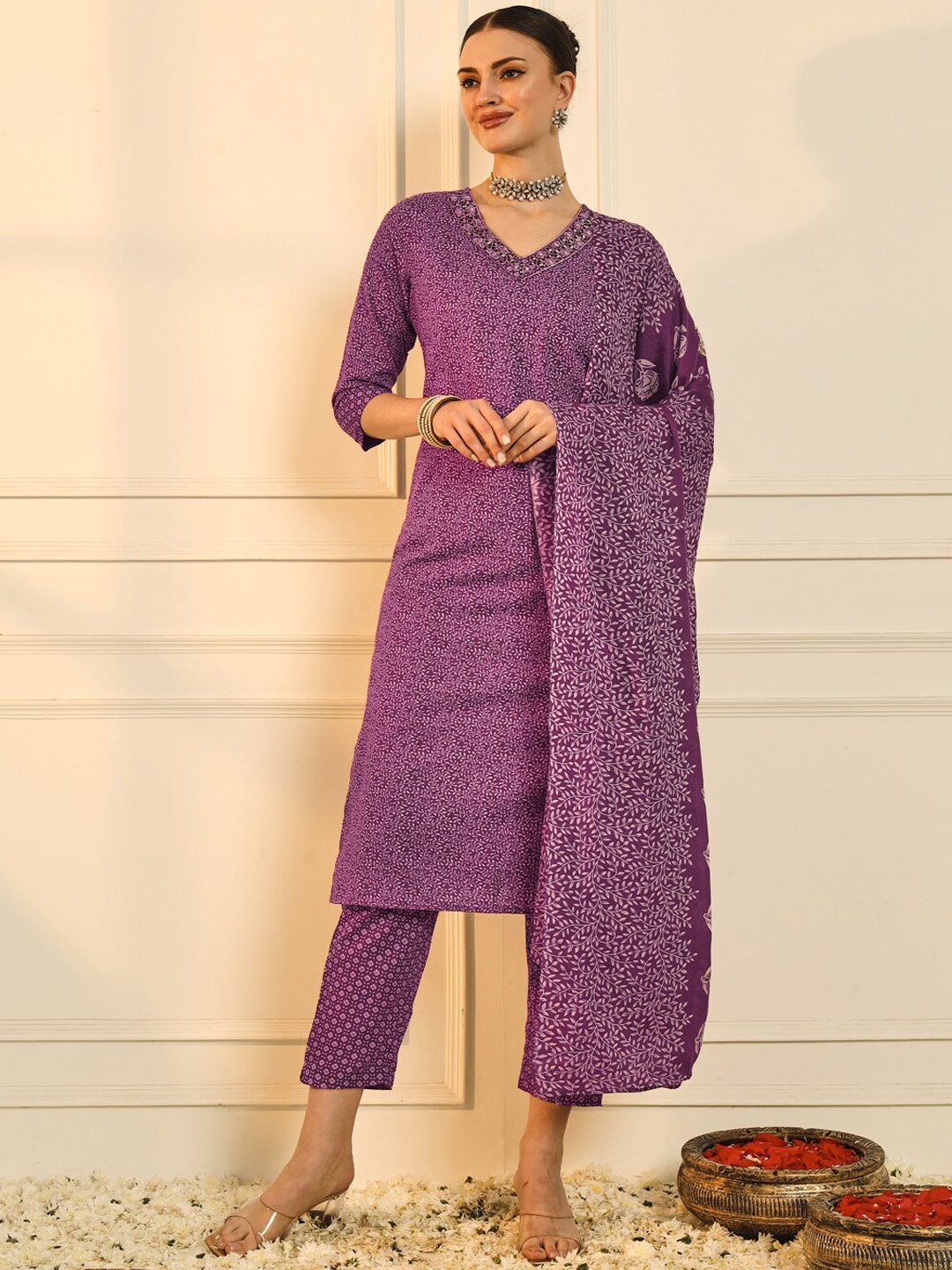 

HEEPOSH Floral Printed Regular Mirror Work Kurta with Trousers & With Dupatta, Purple