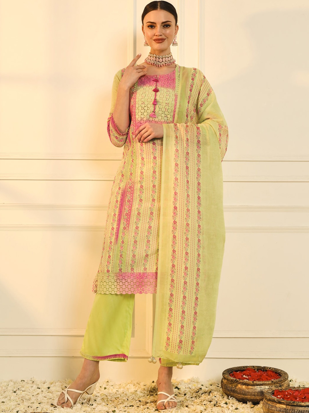 

HEEPOSH Floral Embroidered Kurta with Palazzos & Dupatta, Green