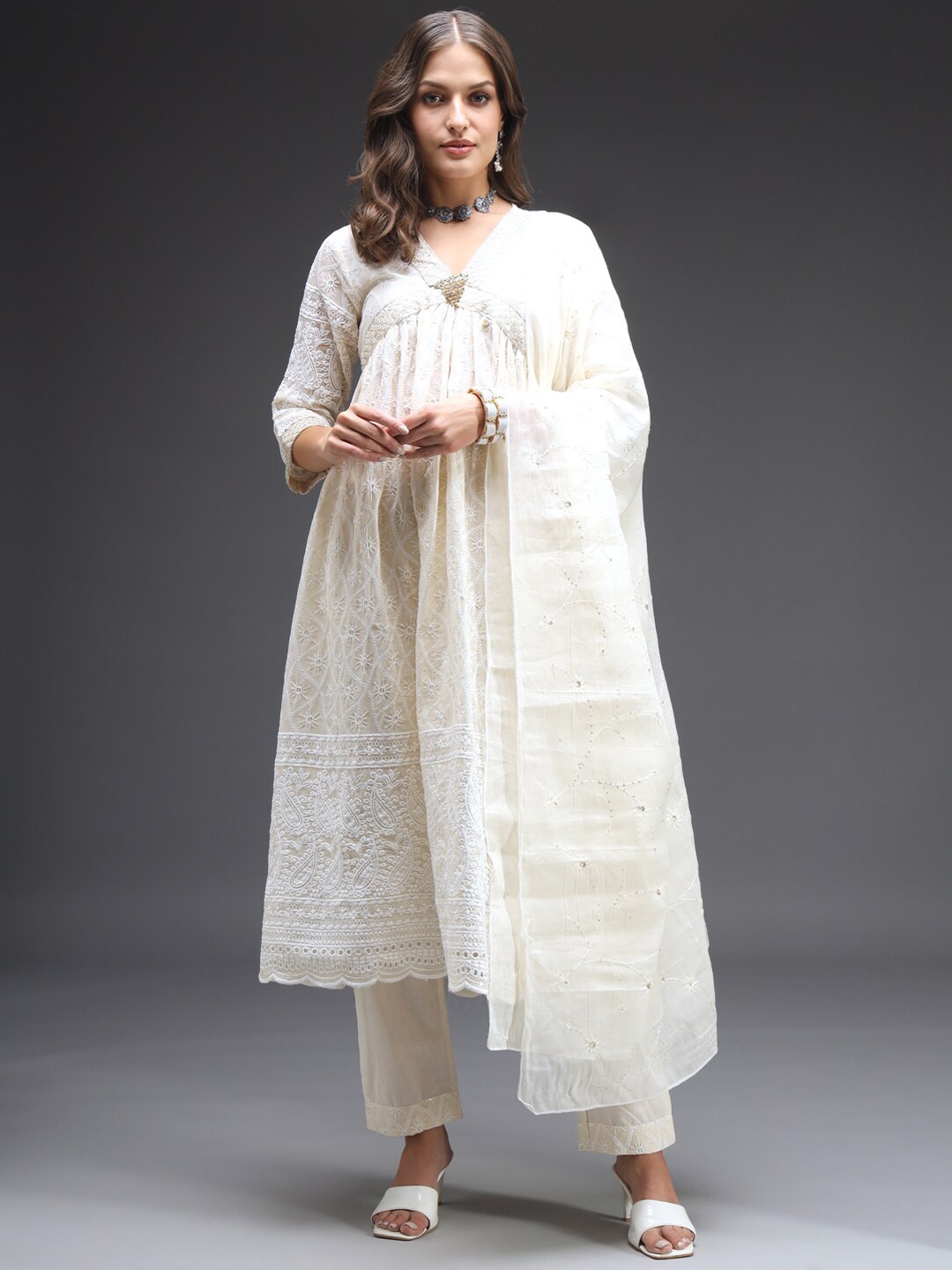 

HEEPOSH Chikankari Empire Sequinned Pure Cotton Kurta with Trousers & Dupatta, Cream