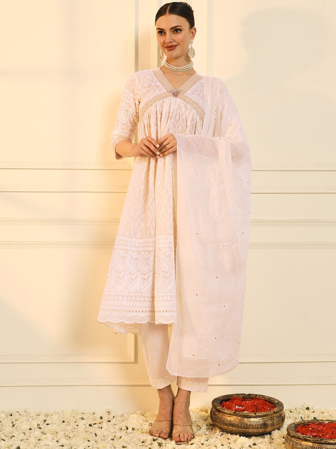 

HEEPOSH Embroidered Empire Sequinned Pure Cotton Kurta with Trousers & Dupatta, Cream