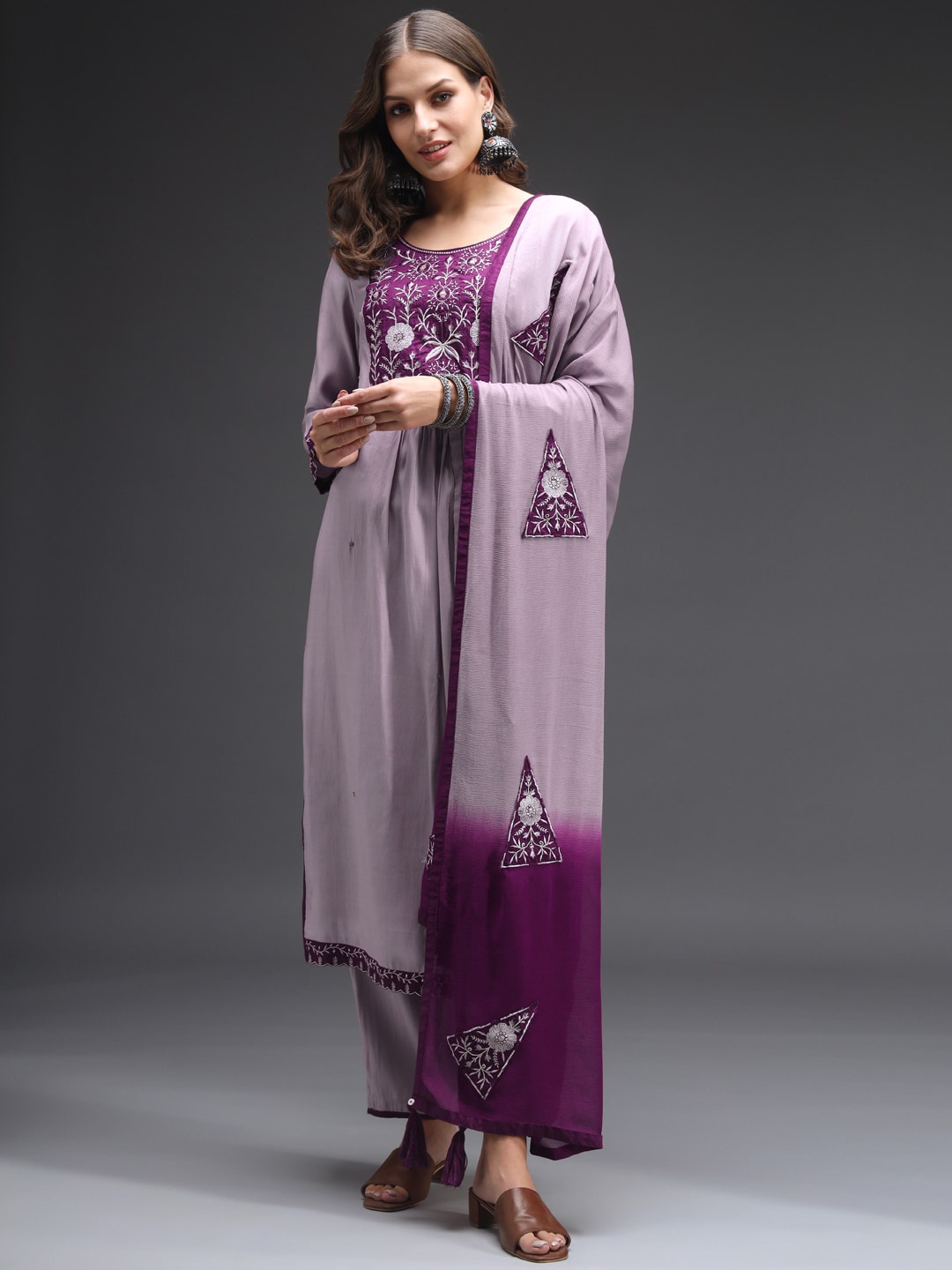 

HEEPOSH Ethnic Motifs Embroidered Kurta with Trousers & With Dupatta, Purple