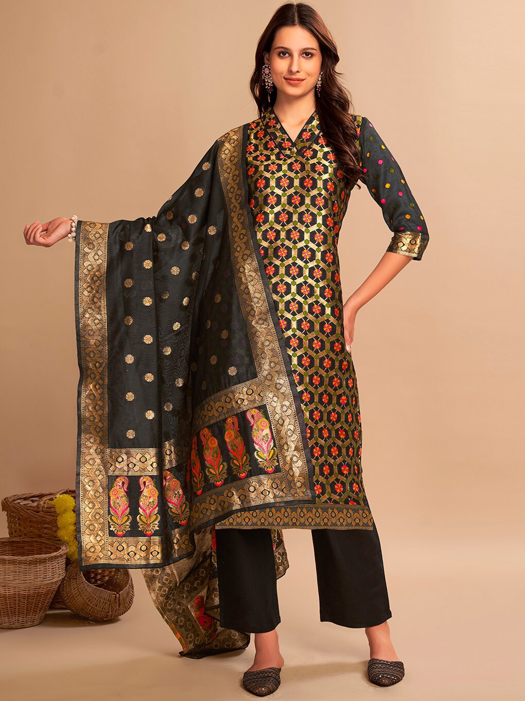 

Anouk Ethnic Motifs Zari Regular Chanderi Silk Kurta With Trousers & Dupatta, Black