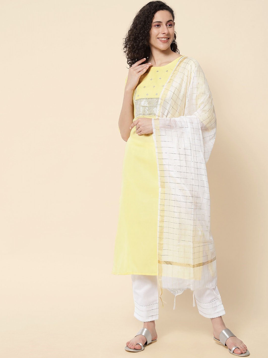 

ZEEPKART Sequinned Embellished Round Neck Straight Kurta with Salwar & With Dupatta, Yellow