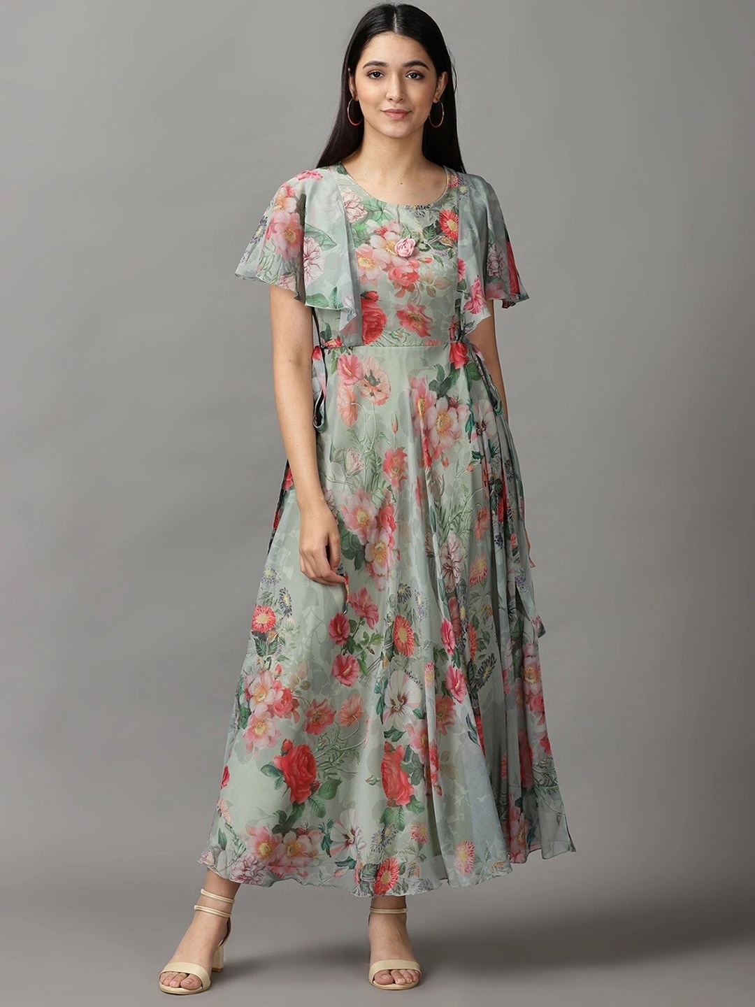 

BAESD Floral Print Georgette Flared Sleeves Maxi Dress, Green