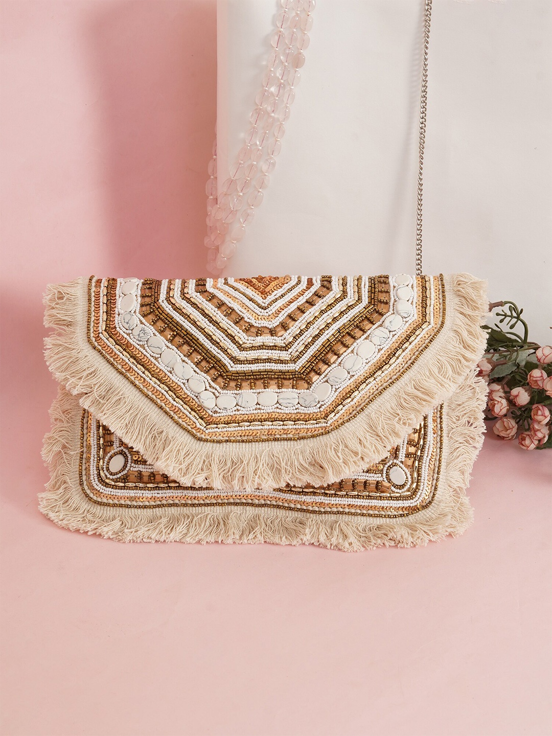 

FABBHUE Embellished Foldover Jute Clutch, White