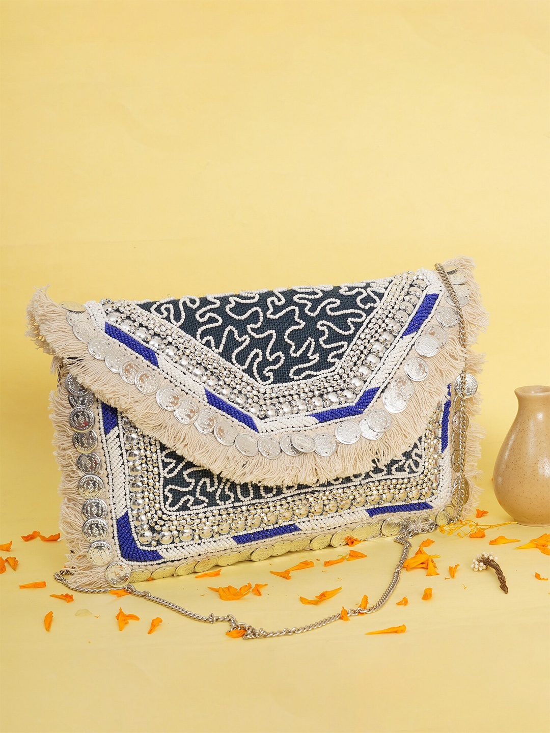 FABBHUE Embellished Foldover Jute Clutch, Blue