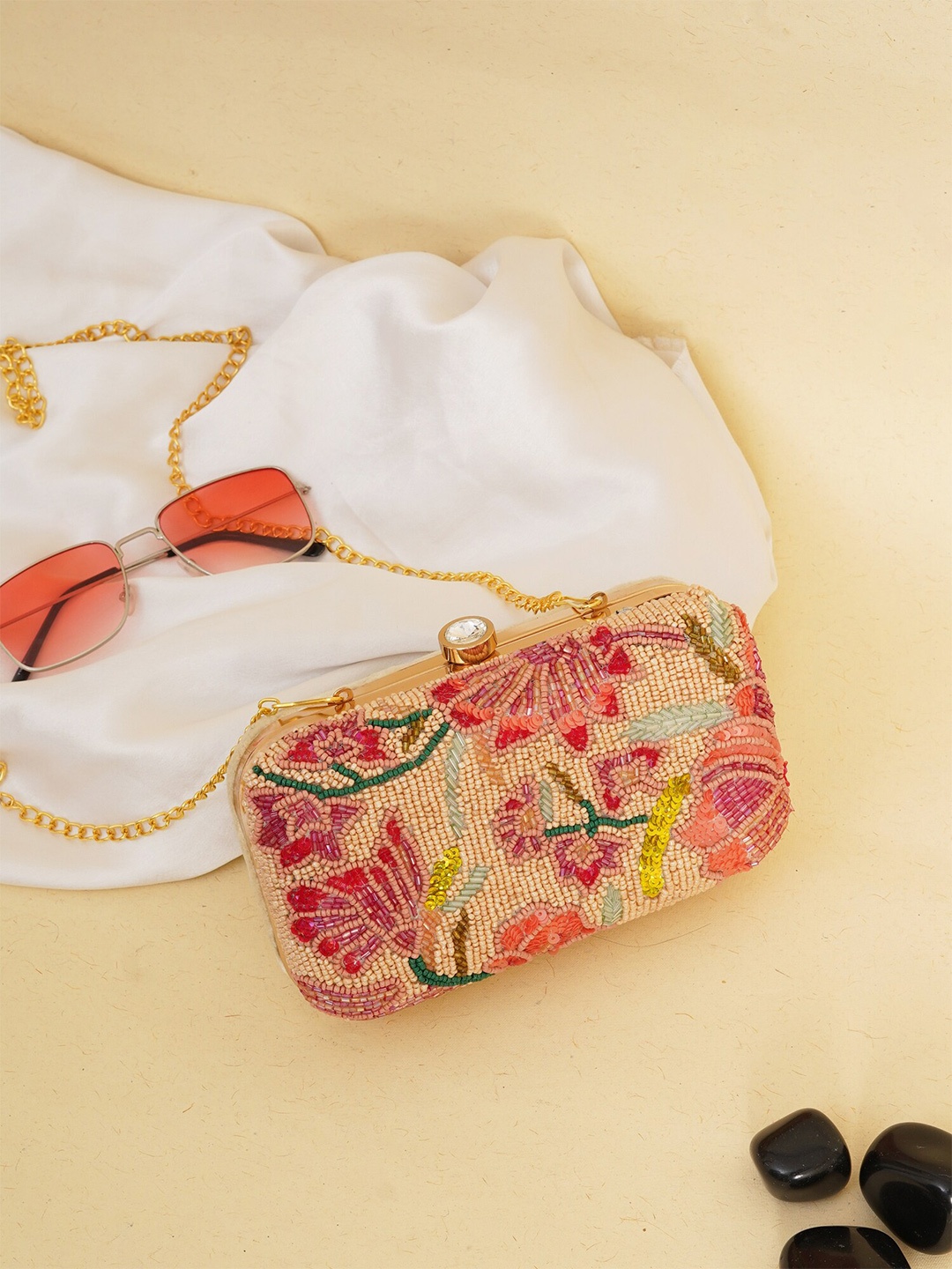 FABBHUE Embellished Box Clutch, Beige