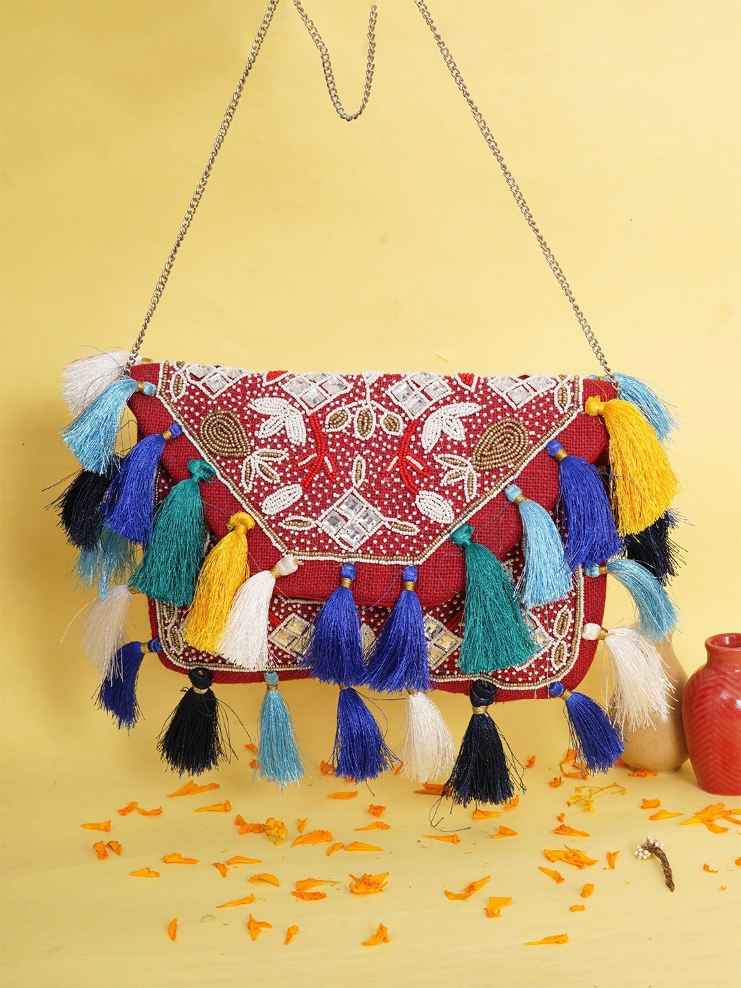 

FABBHUE Embellished Foldover Clutch, Red