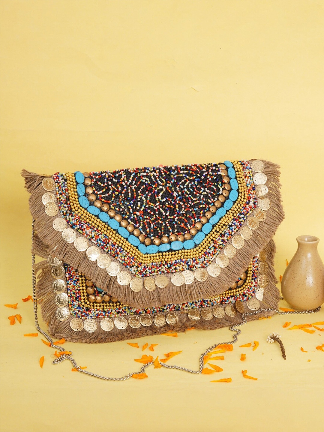 

FABBHUE Embellished Foldover Jute Clutch, Black