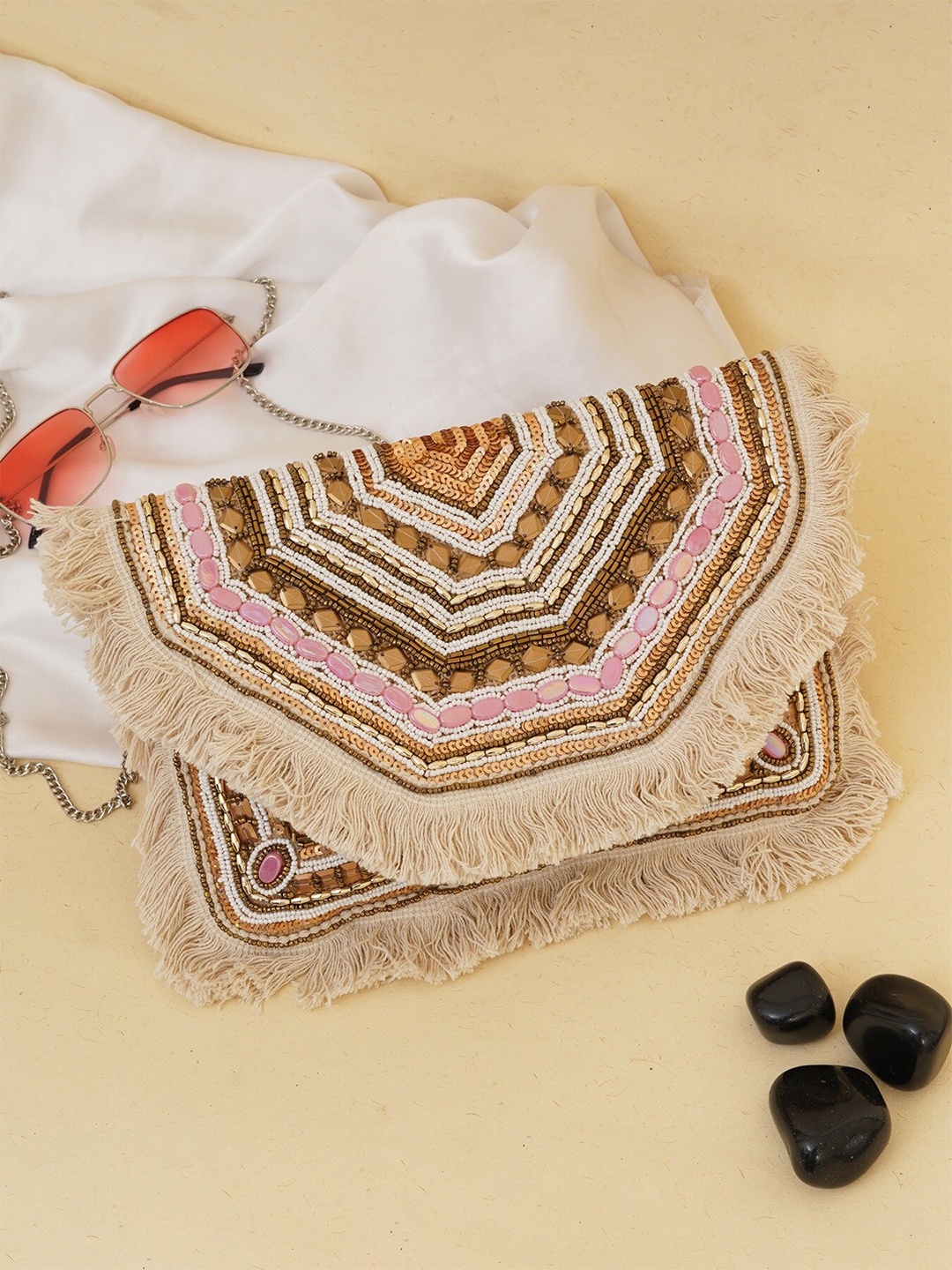 

FABBHUE Embroidered Foldover Clutch, Beige