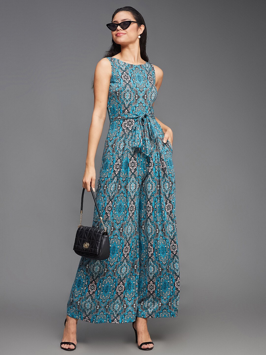 

Miss Chase Printed Waist Tie-Ups Pure Cotton Basic Jumpsuit, Blue