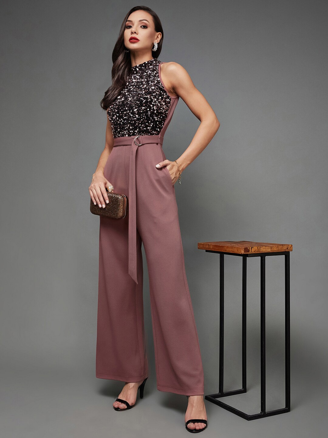 

Miss Chase Embellished Halter Neck Waist Tie-Ups Sequinned Basic Jumpsuit, Mauve