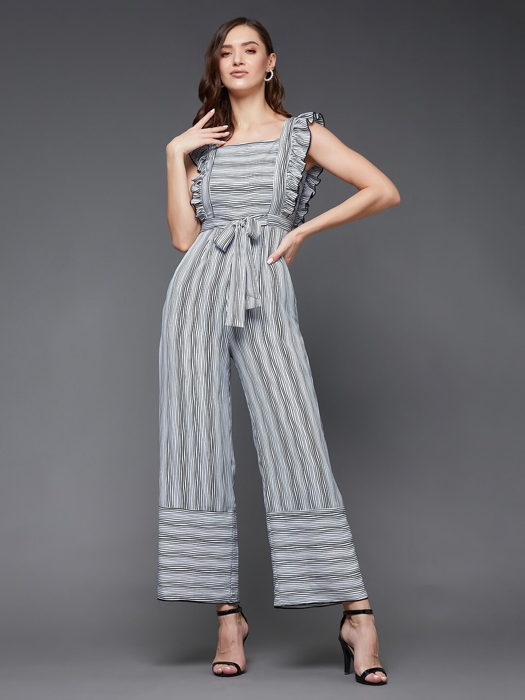 

Miss Chase Striped Ruffles Basic Jumpsuit, Black